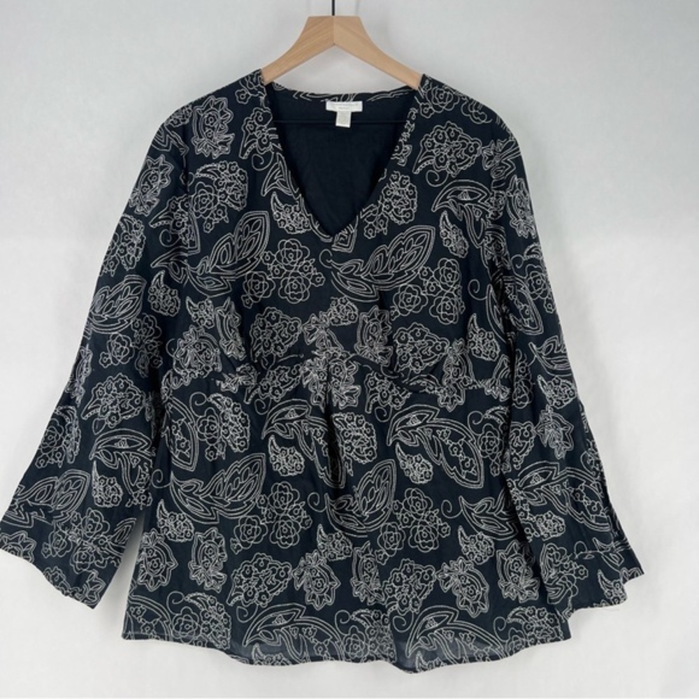 Charter Club Woman Floral Embroidered Lightweight Cotton V Neck Babydoll Top
